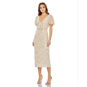 Mac Duggal 93591 NWT SEQUINED V NECK FLUTTER SLEEVE TEA LENGTH DRESS